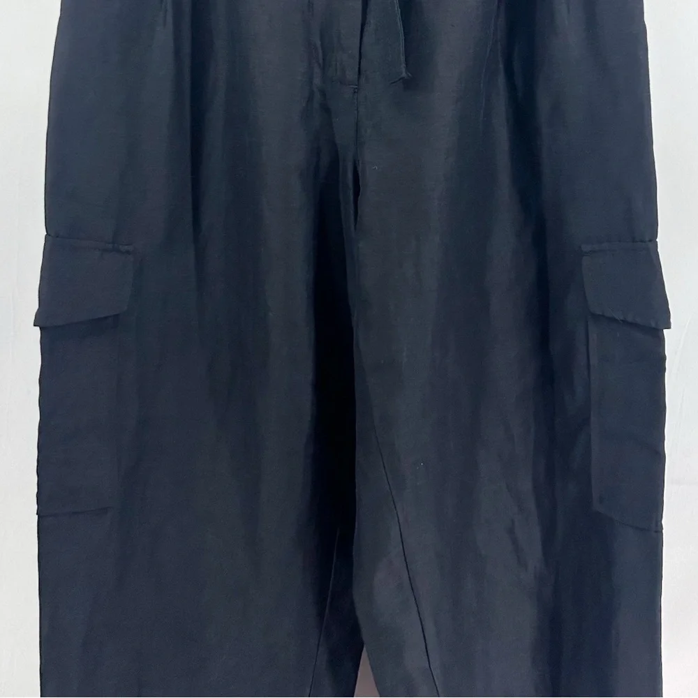 Aritzia Wilfred Kafka Black Linen High Rise Wide Leg Cropped Cargo Pants Size 10